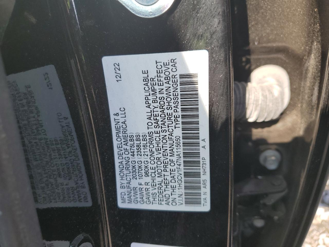 2022 HONDA ACCORD SPORT SE VIN:1HGCV1F47NA115650