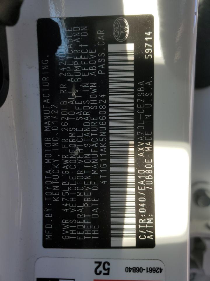 2022 TOYOTA CAMRY SE VIN:4T1G11AK5NU660824