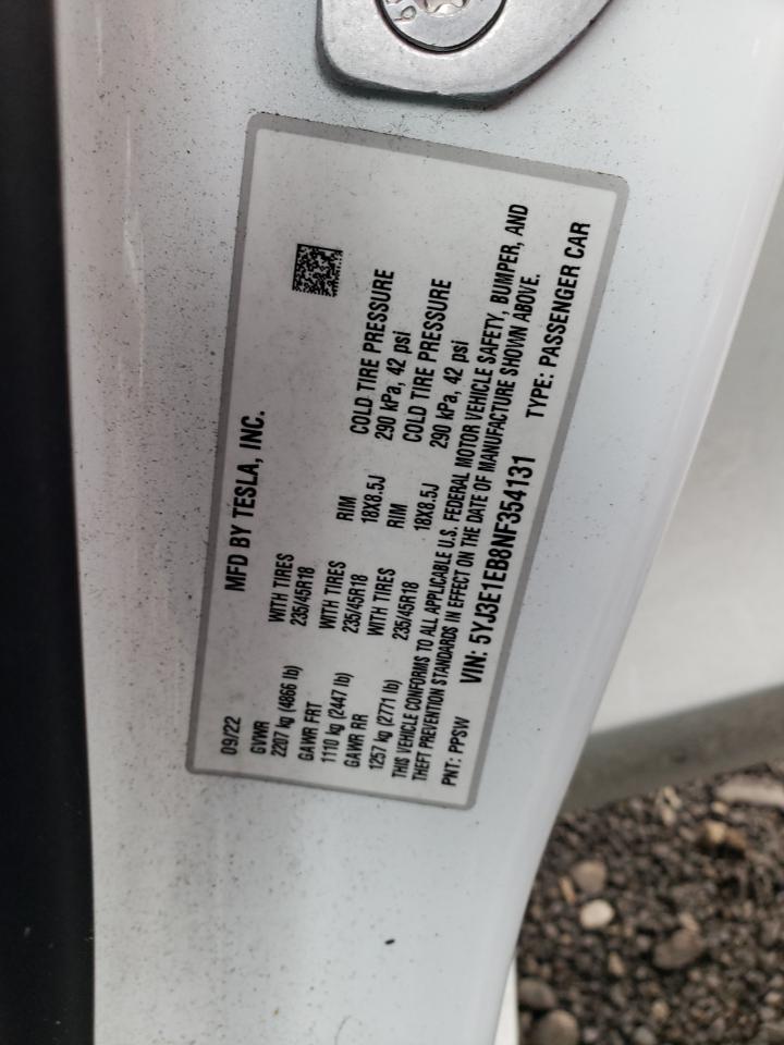 2022 TESLA MODEL 3 VIN:5YJ3E1EB8NF354131