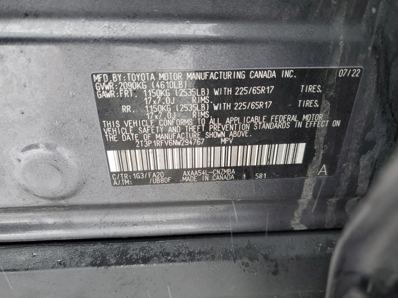 2022 TOYOTA RAV4 XLE VIN:2T3P1RFV6NW294767