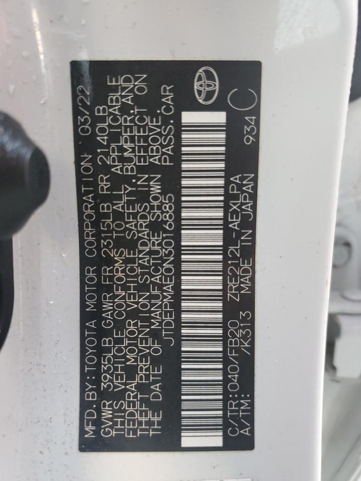 2022 TOYOTA COROLLA LE VIN:JTDEPMAE0N3016885