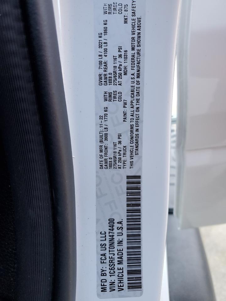 2022 RAM 1500 LARAMIE VIN:1C6SRFJT0NN474400