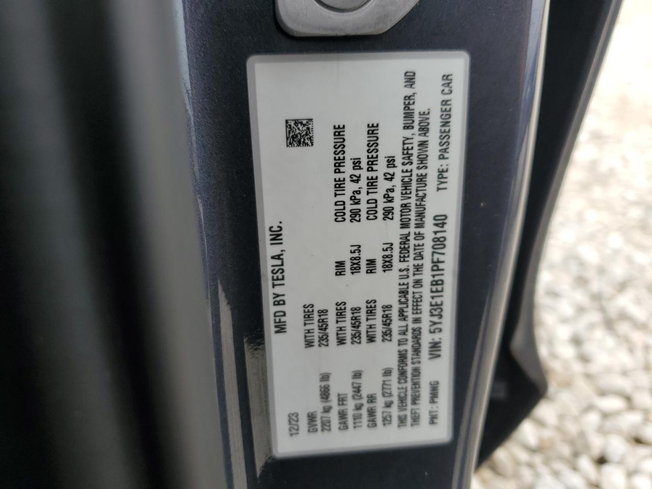 2023 TESLA MODEL 3 VIN:5YJ3E1EB1PF708140