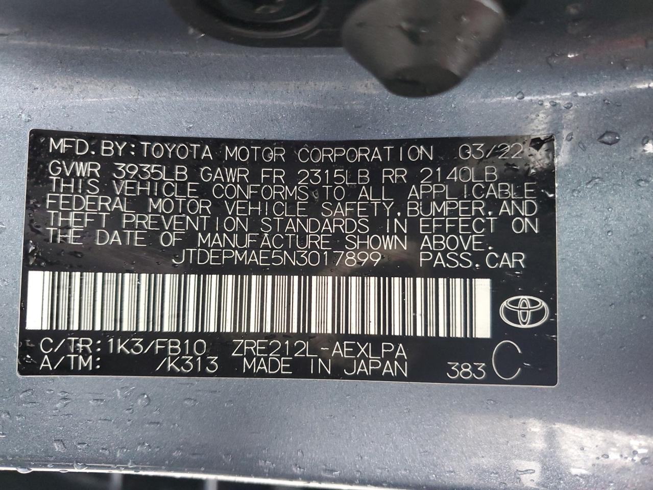 2022 TOYOTA COROLLA LE VIN:JTDEPMAE5N3017899