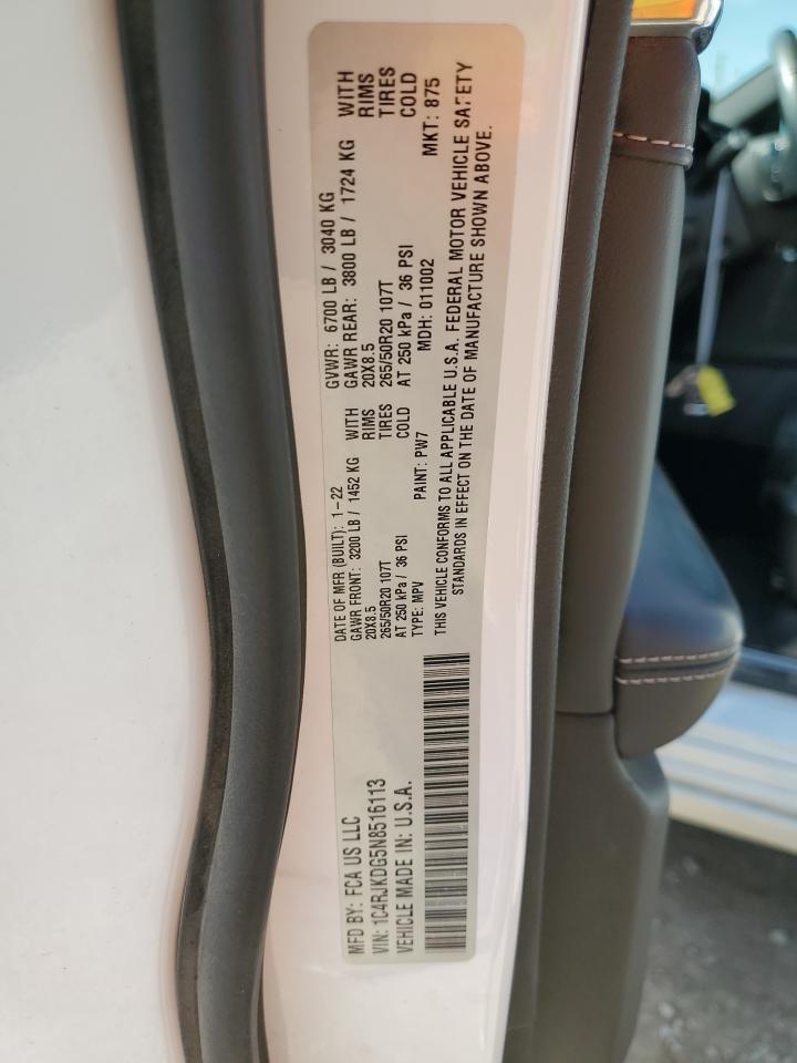 2022 JEEP GRAND CHEROKEE L OVERLAND VIN:1C4RJKDG5N8516113