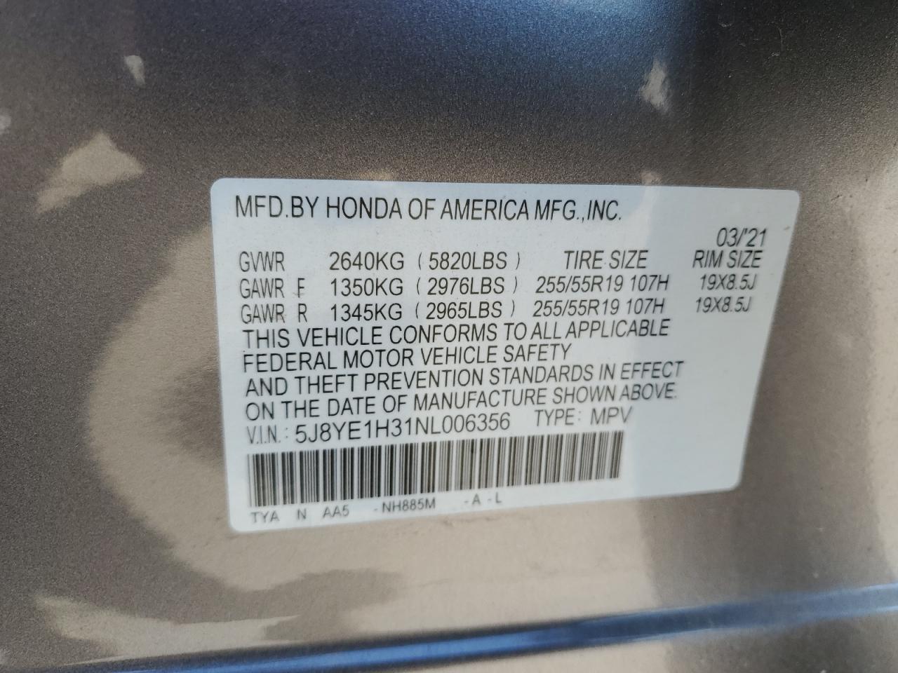 2022 ACURA MDX VIN:5J8YE1H31NL006356