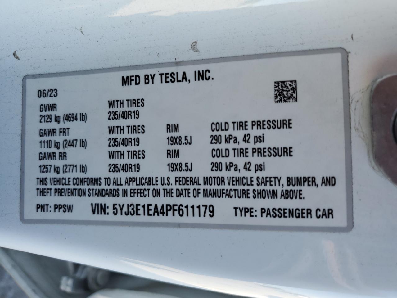 2023 TESLA MODEL 3 VIN:5YJ3E1EA4PF611179