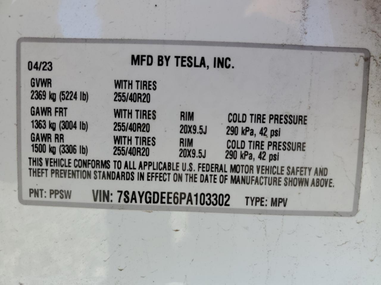 2023 TESLA MODEL Y VIN:7SAYGDEE6PA103302