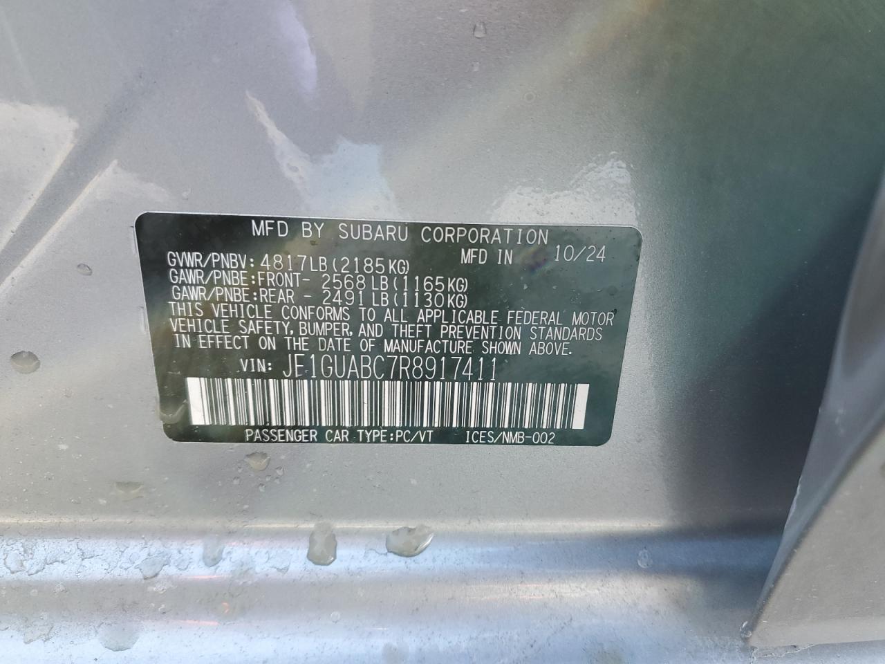 2024 SUBARU IMPREZA VIN:JF1GUABC7R8917411