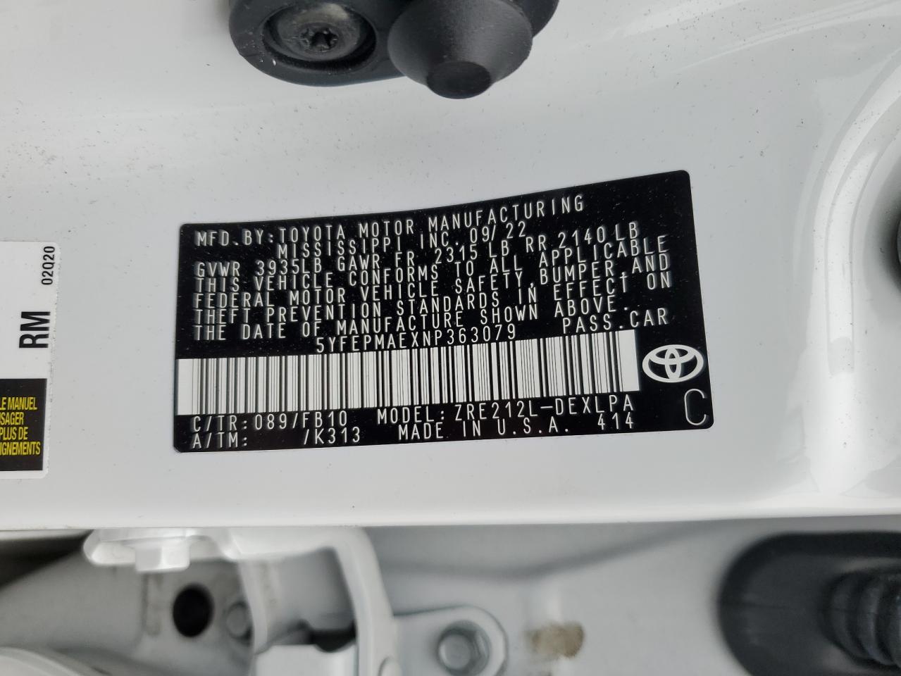 2022 TOYOTA COROLLA LE VIN:5YFEPMAEXNP363079