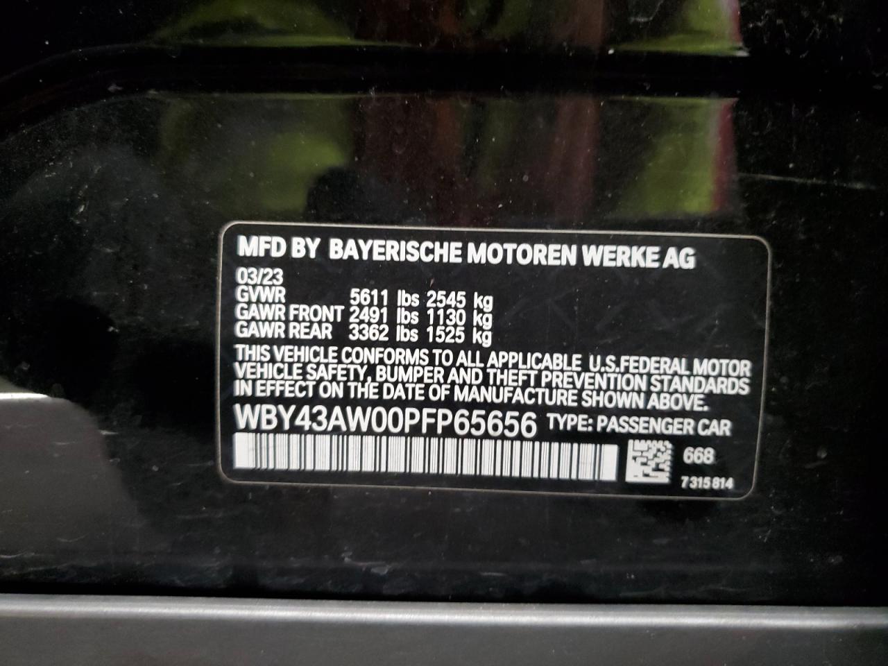 2023 BMW I4 EDRIVE 35 VIN:WBY43AW00PFP65656