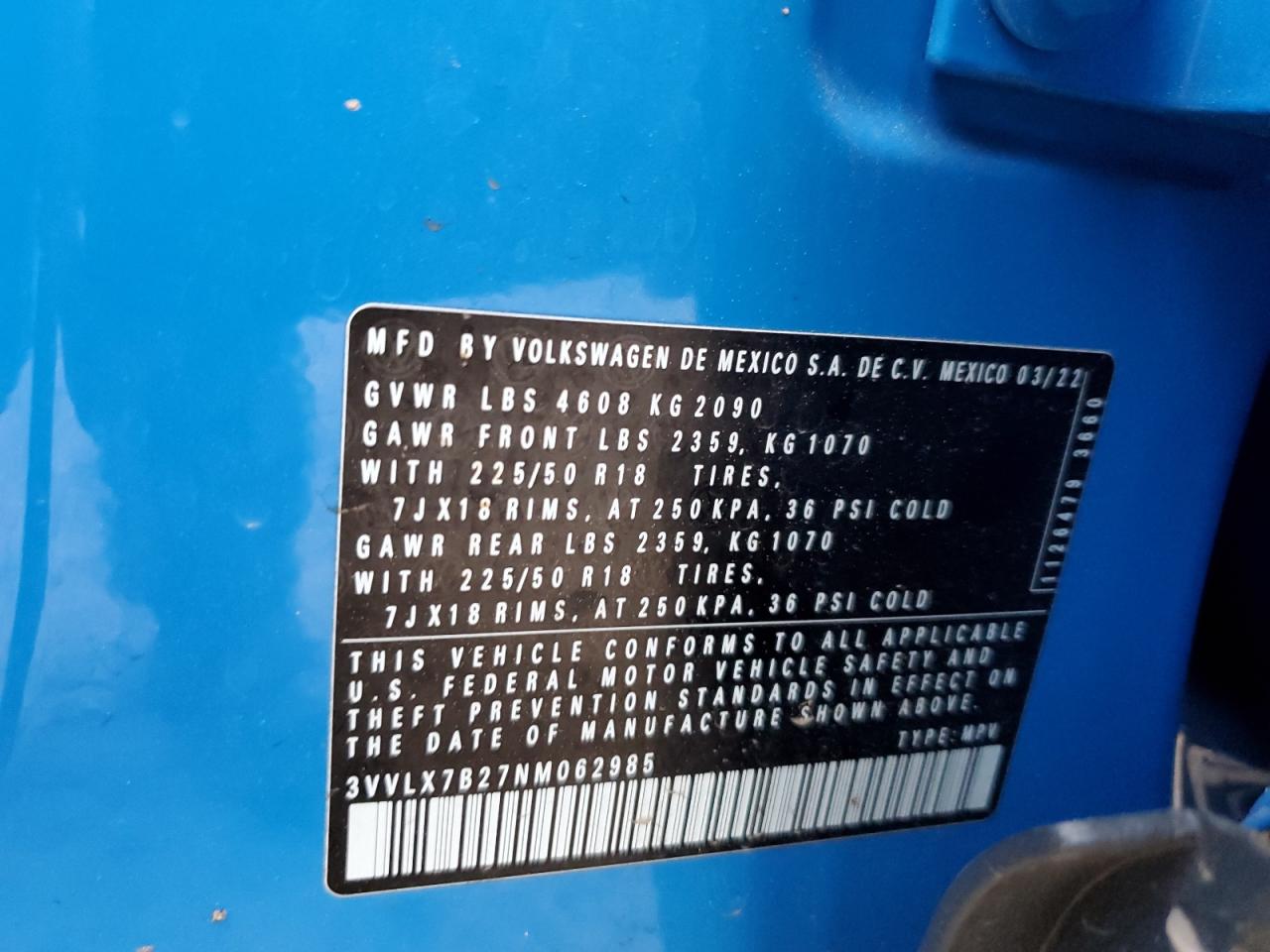 2022 VOLKSWAGEN TAOS SE IQ DRIVE VIN:3VVLX7B27NM062985