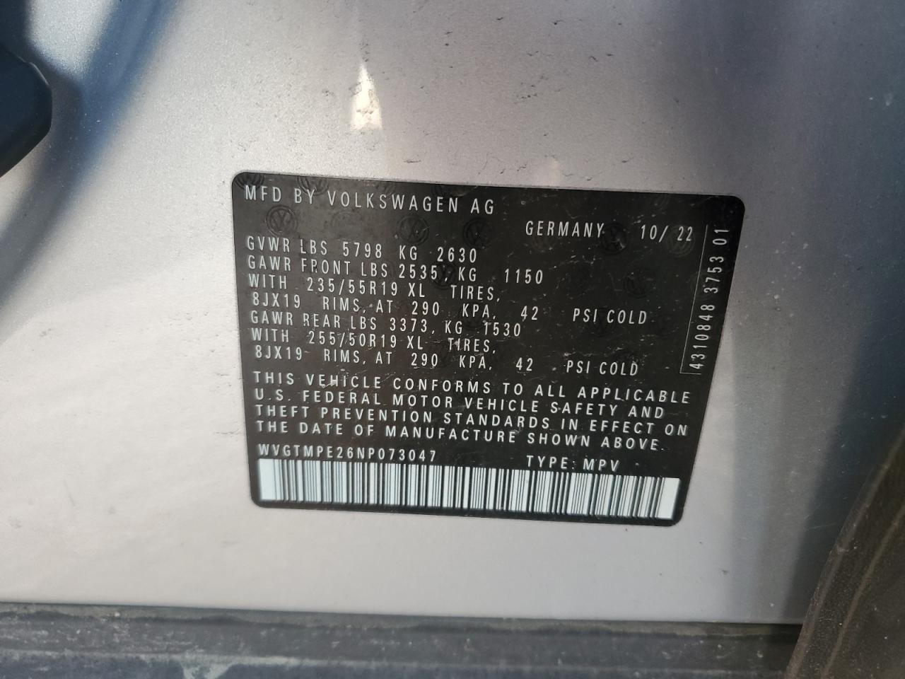 2022 VOLKSWAGEN ID.4 PRO S VIN:WVGTMPE26NP073047