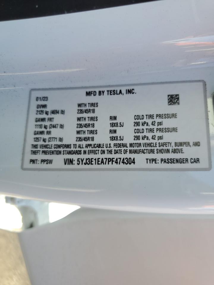 2023 TESLA MODEL 3 VIN:5YJ3E1EA7PF474304