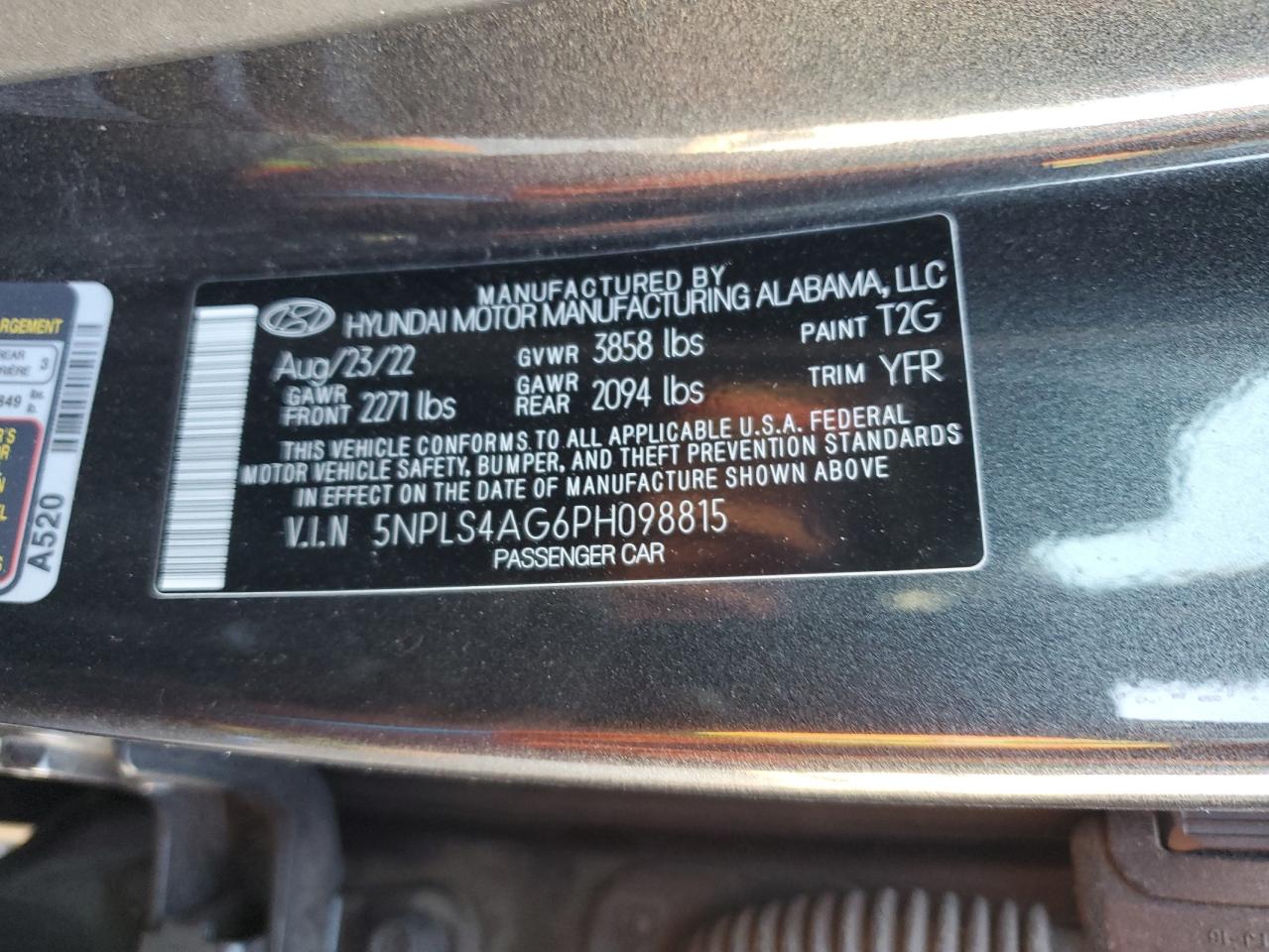 2023 HYUNDAI ELANTRA SEL VIN:5NPLS4AG6PH098815