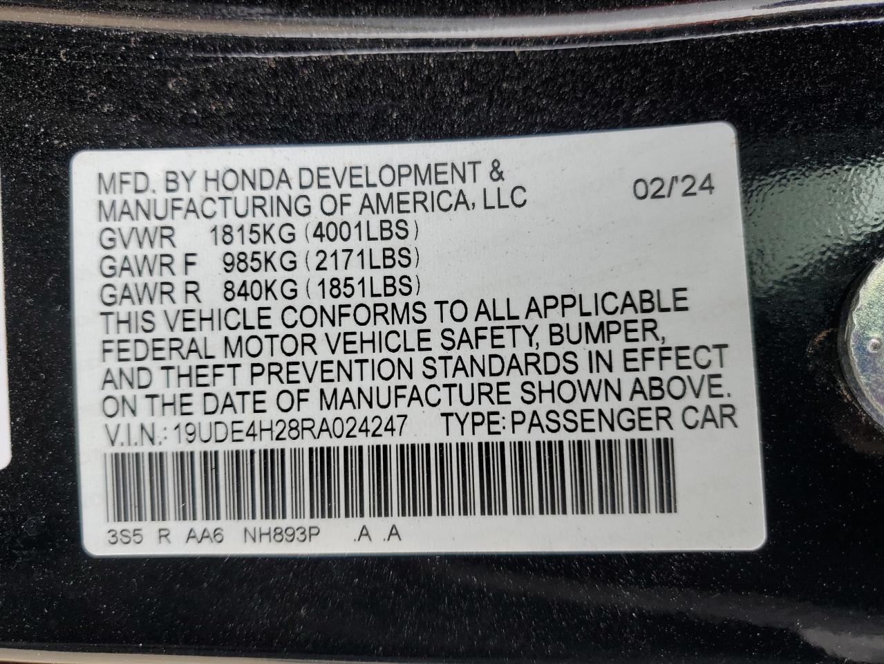 2024 ACURA INTEGRA VIN:19UDE4H28RA024247