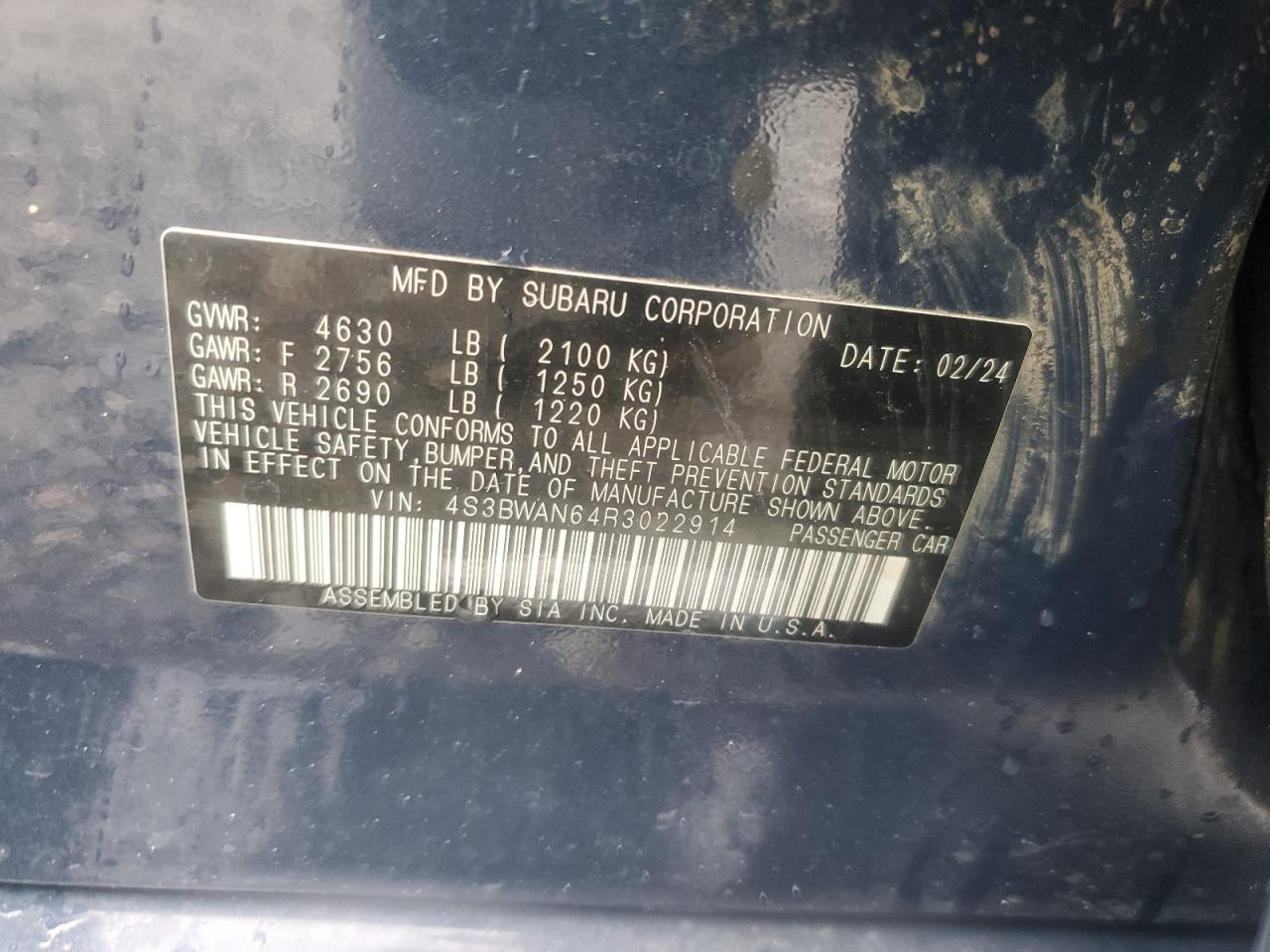 2024 SUBARU LEGACY LIMITED VIN:4S3BWAN64R3022914