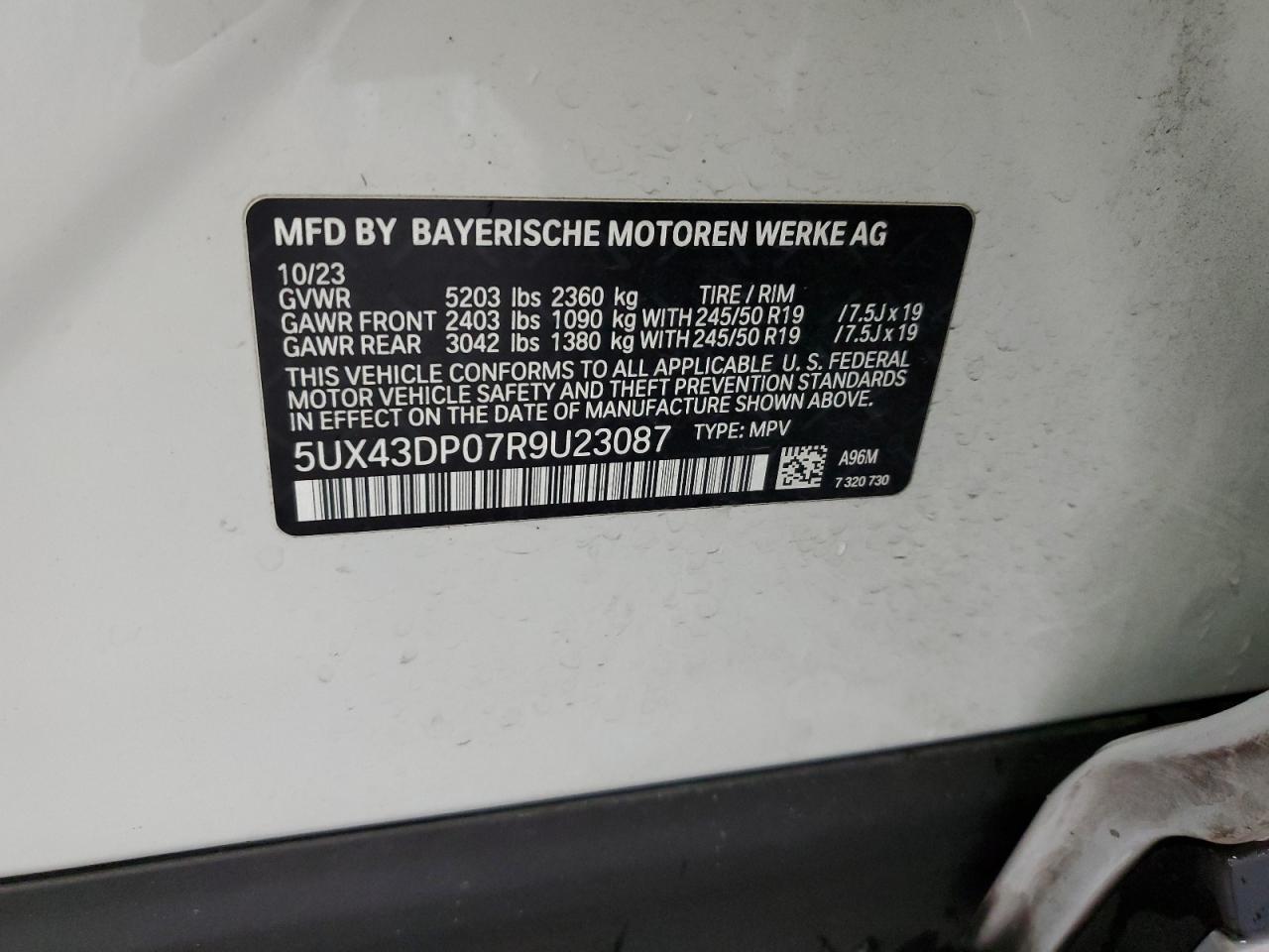 2024 BMW X3 SDRIVE30I VIN:5UX43DP07R9U23087