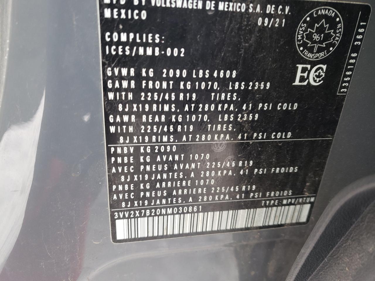 2022 VOLKSWAGEN TAOS SEL VIN:3VV2X7B20NM030861