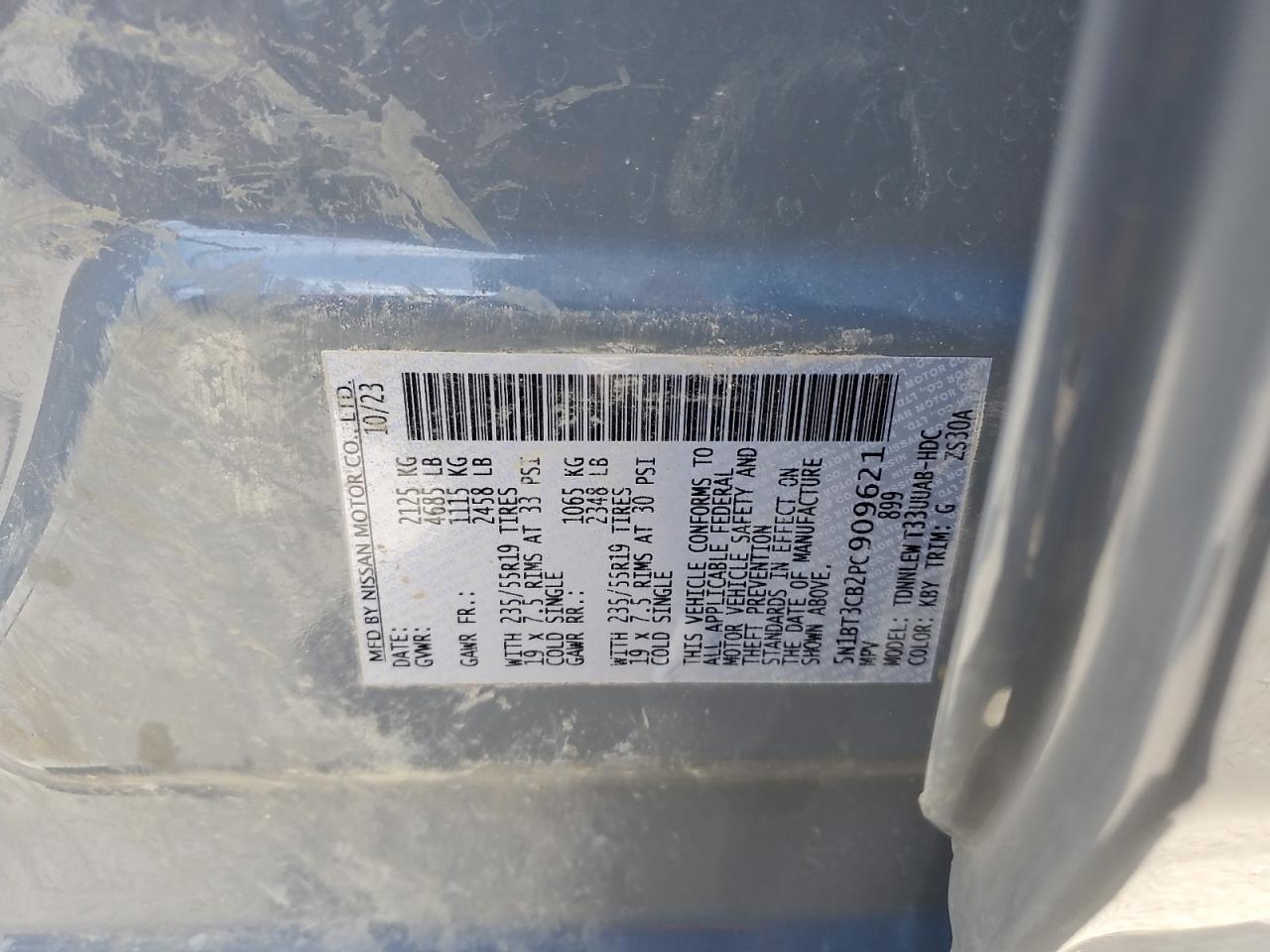 2023 NISSAN ROGUE SL VIN:5N1BT3CB2PC909621