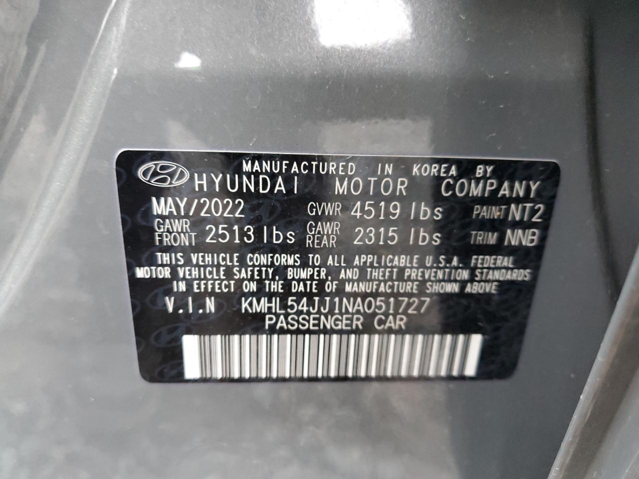 2022 HYUNDAI SONATA HYBRID VIN:KMHL54JJ1NA051727