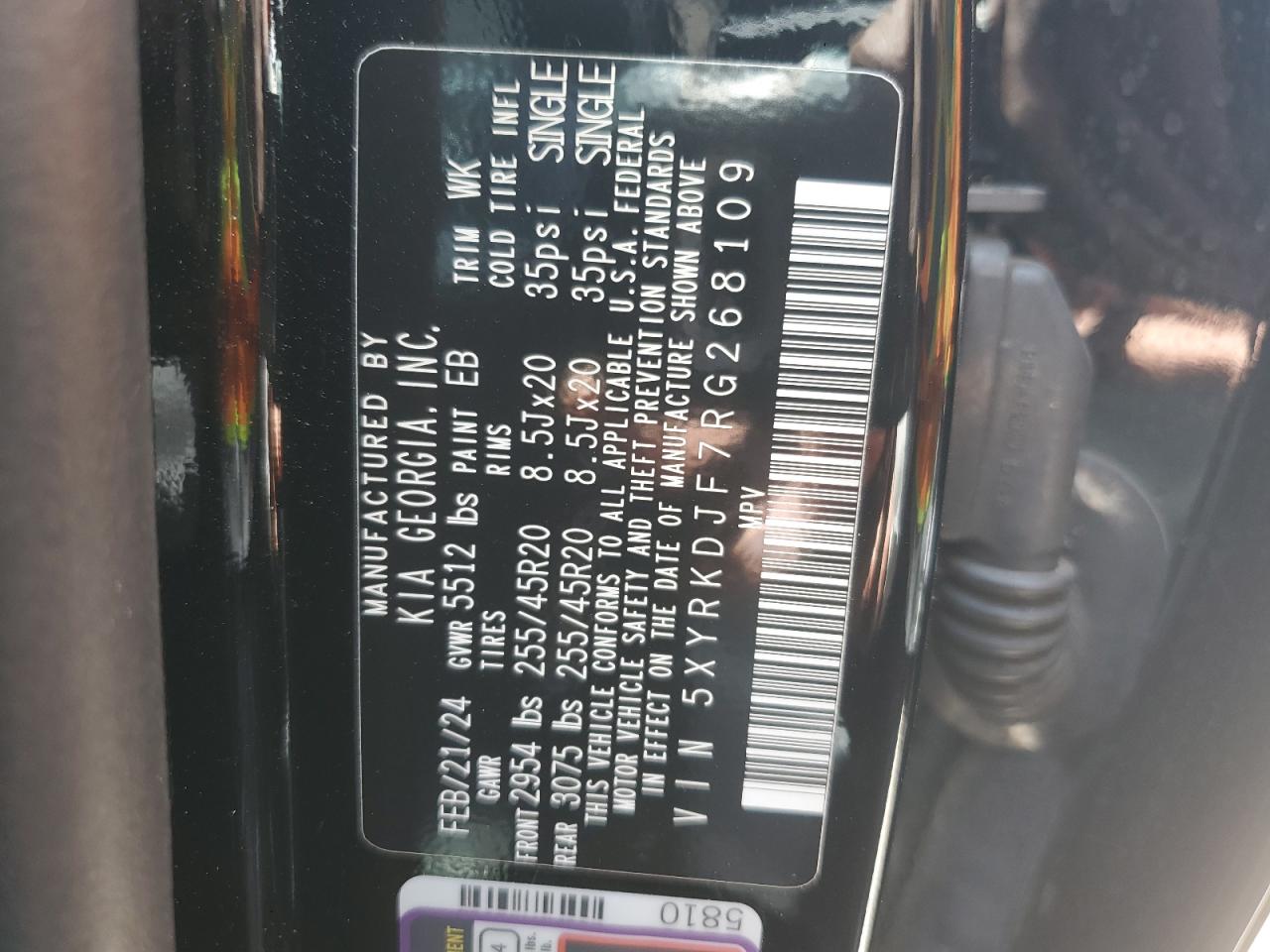 2024 KIA SORENTO SX VIN:5XYRKDJF7RG268109