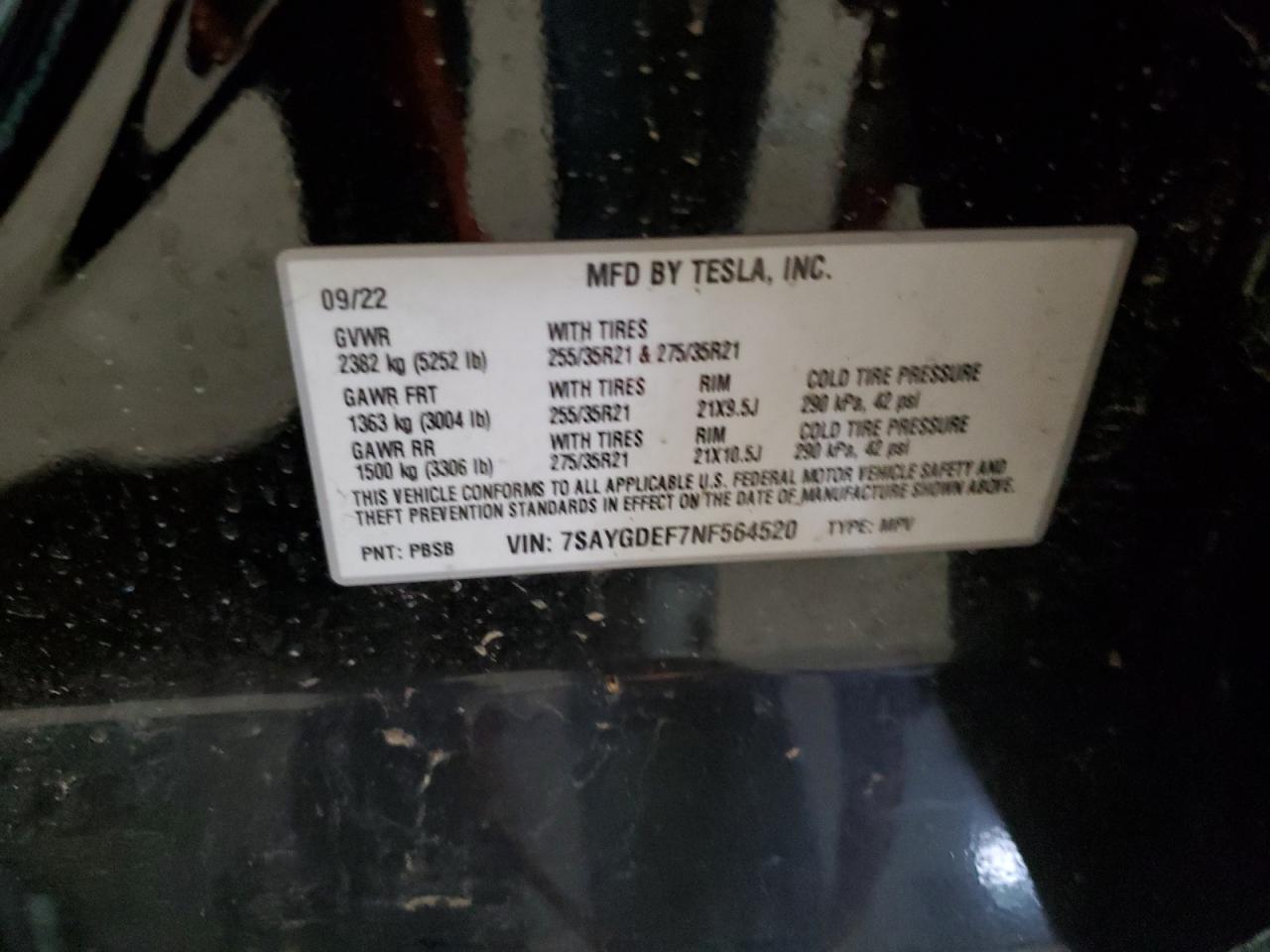 2022 TESLA MODEL Y VIN:7SAYGDEF7NF564520