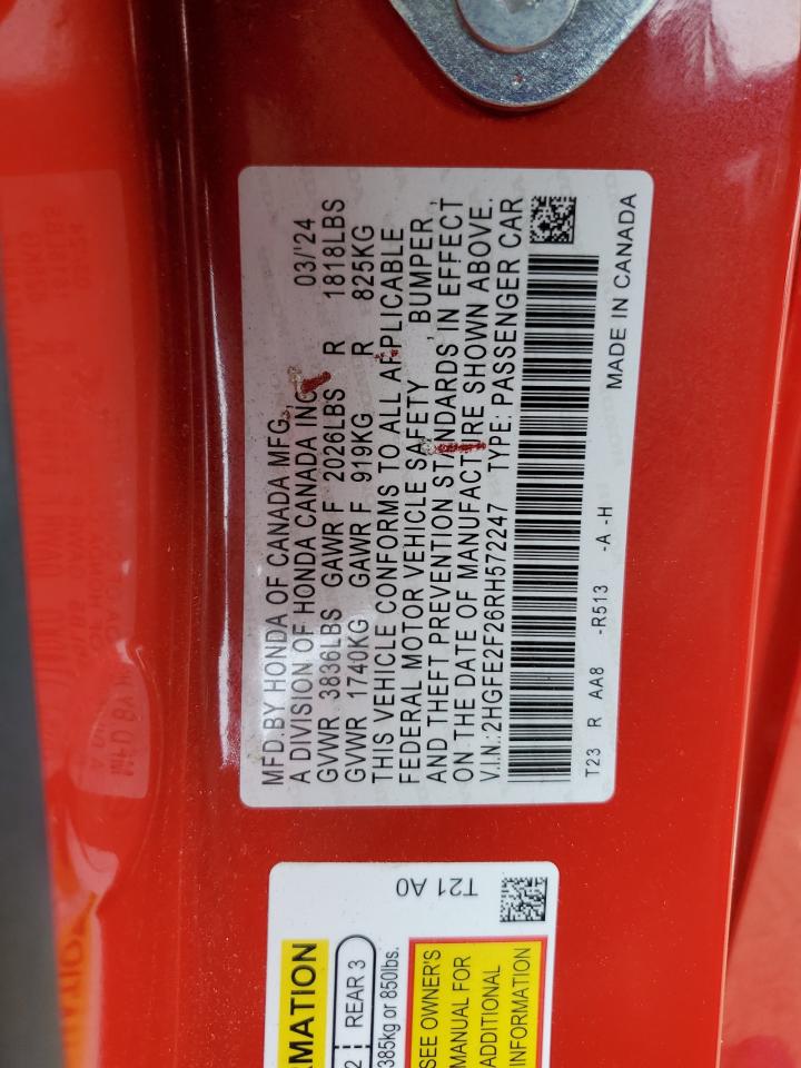 2024 HONDA CIVIC LX VIN:2HGFE2F26RH572247
