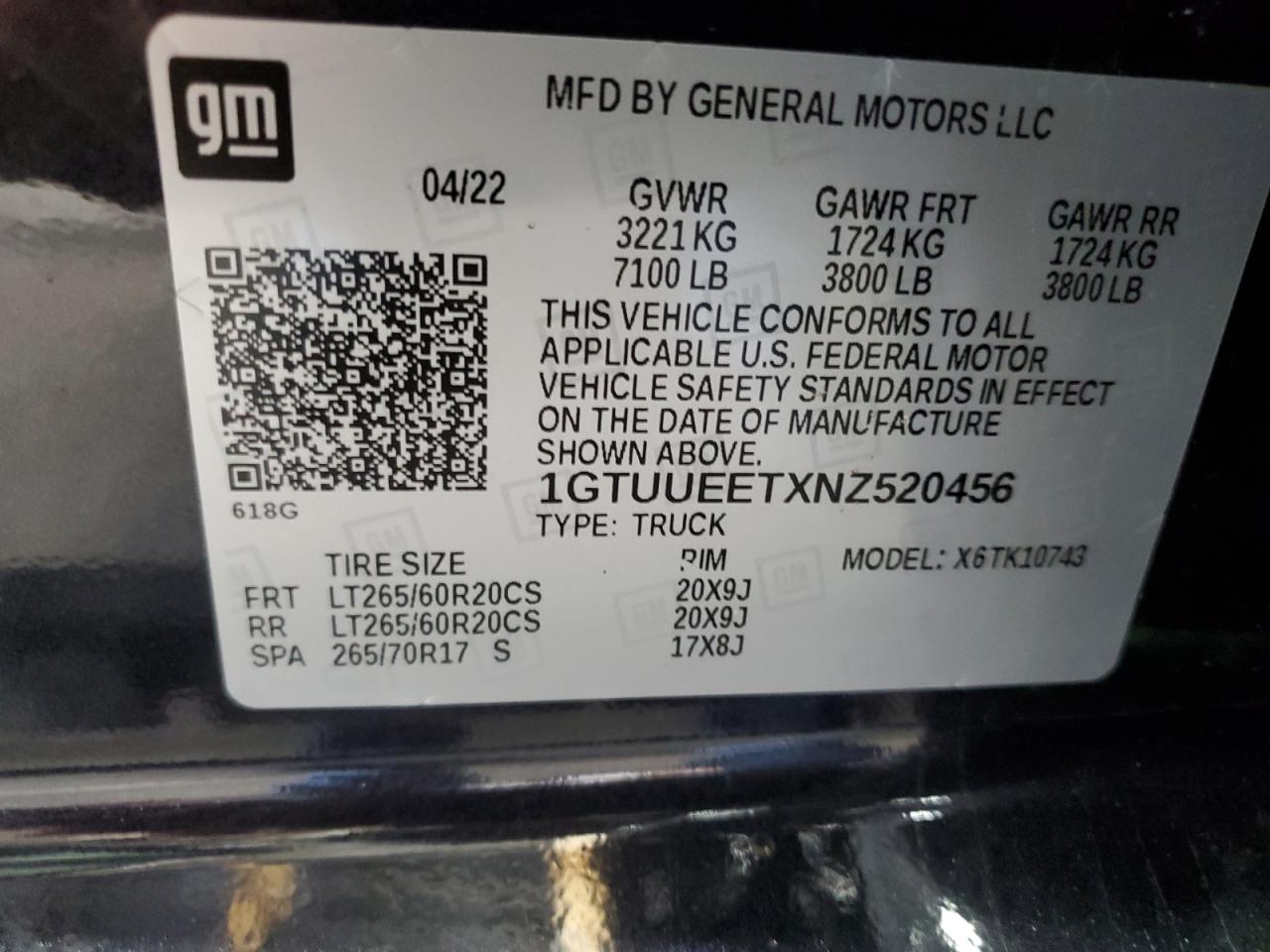 2022 GMC SIERRA K1500 AT4 VIN:1GTUUEETXNZ520456