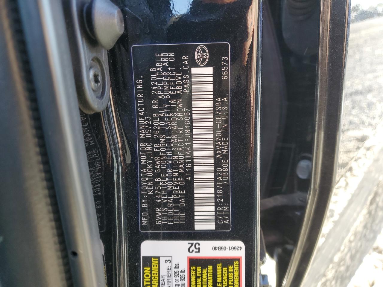 2023 TOYOTA CAMRY SE NIGHT SHADE VIN:4T1G11AK1PU816067