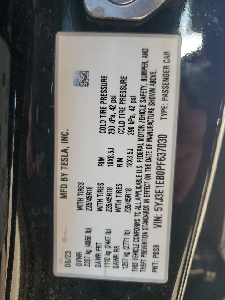 2023 TESLA MODEL 3 VIN:5YJ3E1EB0PF637030