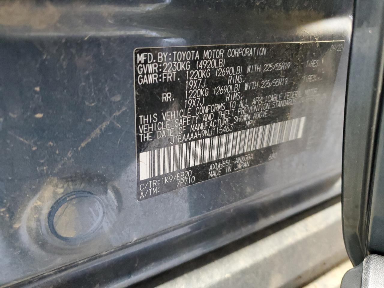 2022 TOYOTA VENZA LE VIN:JTEAAAAH9NJ115463