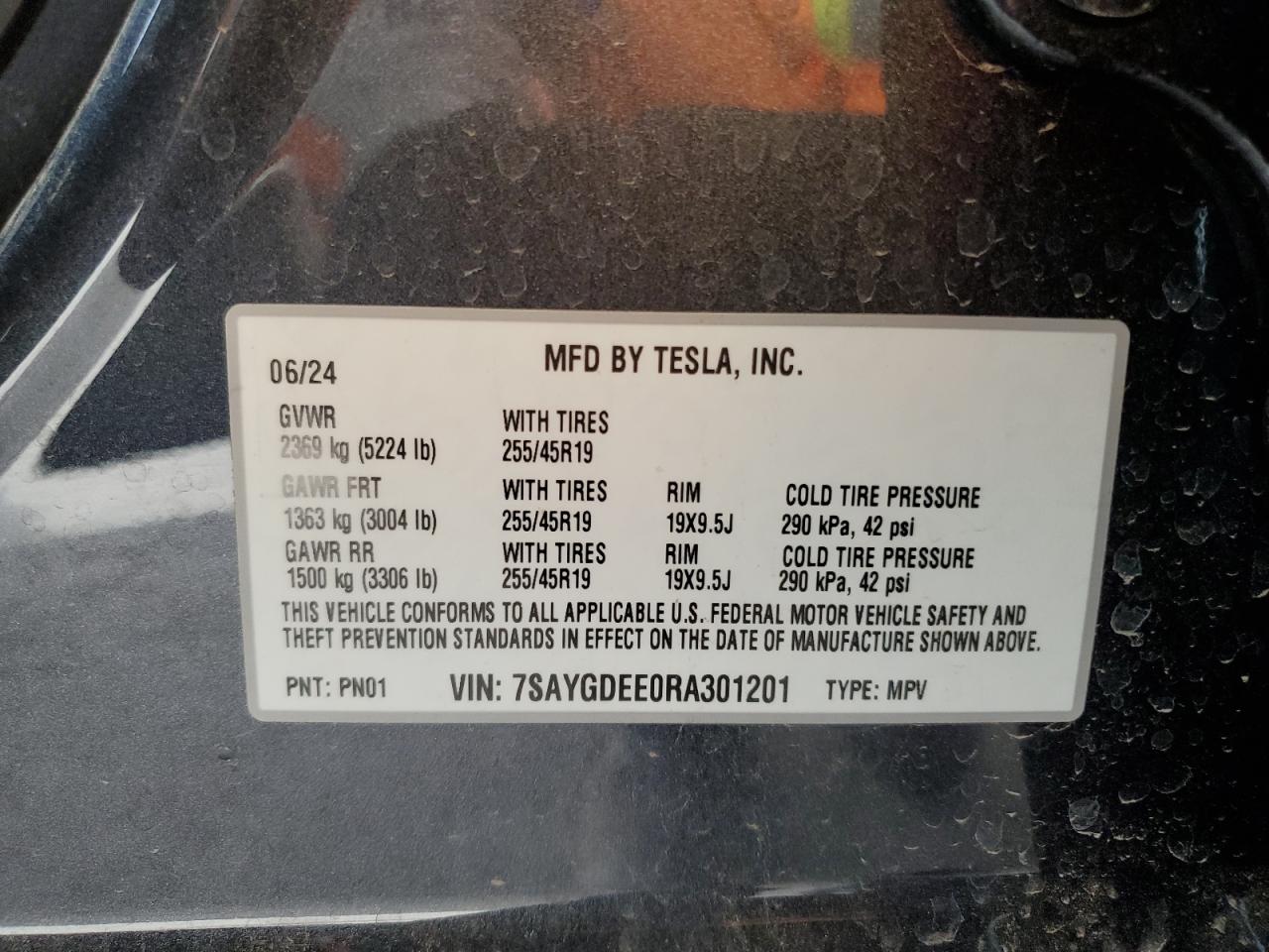 2024 TESLA MODEL Y VIN:7SAYGDEE0RA301201