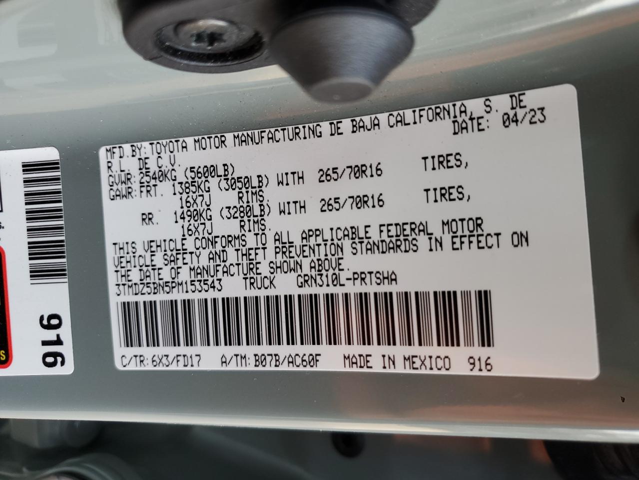 2023 TOYOTA TACOMA DOUBLE CAB VIN:3TMDZ5BN5PM153543