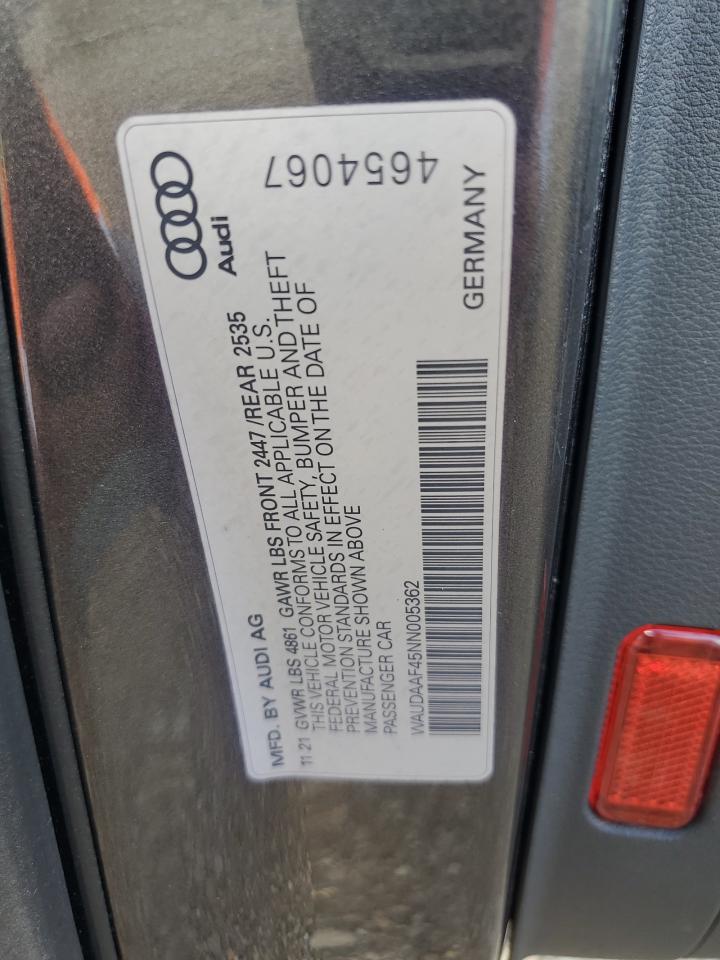 2022 AUDI A4 PREMIUM 45 VIN:WAUDAAF45NN005362