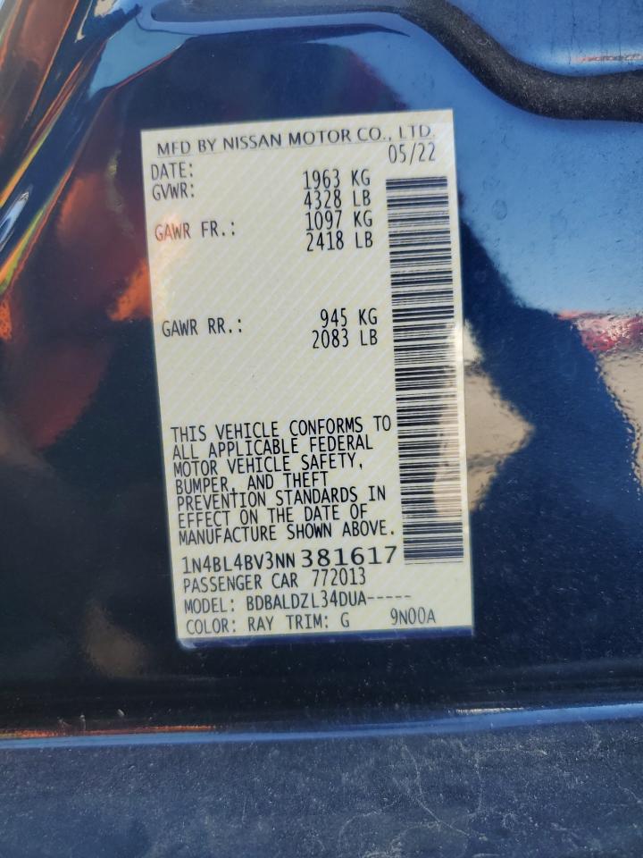 2022 NISSAN ALTIMA S VIN:1N4BL4BV3NN381617