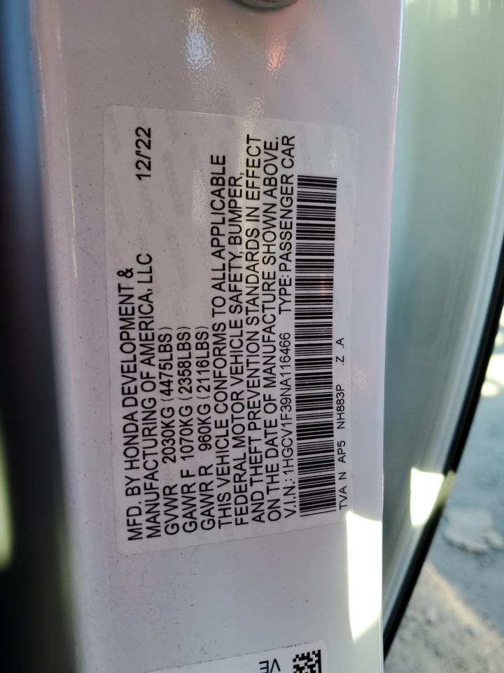 2022 HONDA ACCORD SPORT VIN:1HGCV1F39NA116466