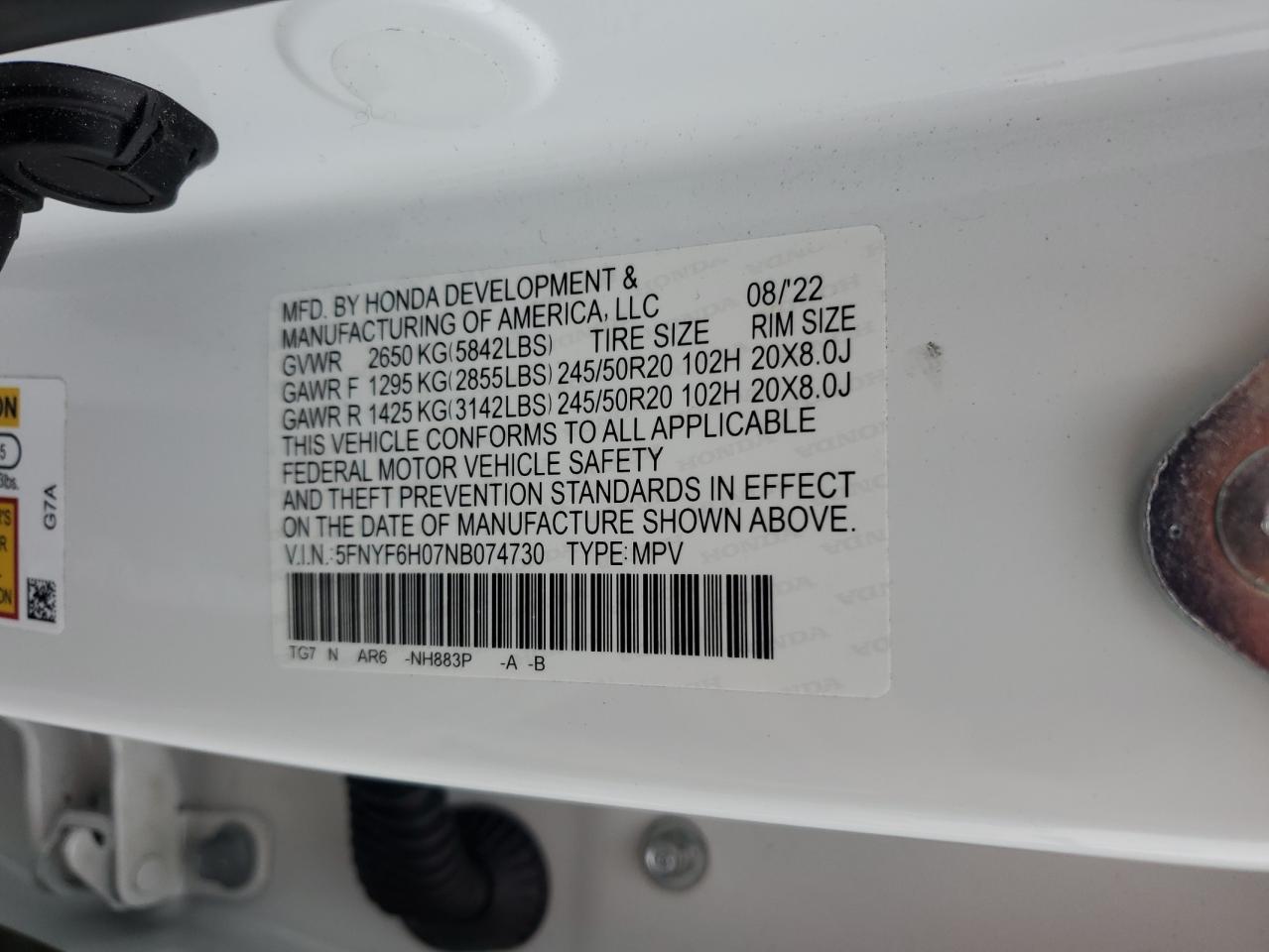 2022 HONDA PILOT ELITE VIN:5FNYF6H07NB074730