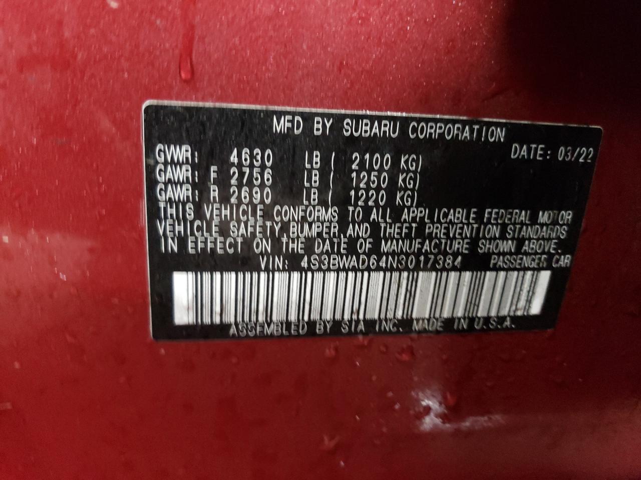 2022 SUBARU LEGACY PREMIUM VIN:4S3BWAD64N3017384