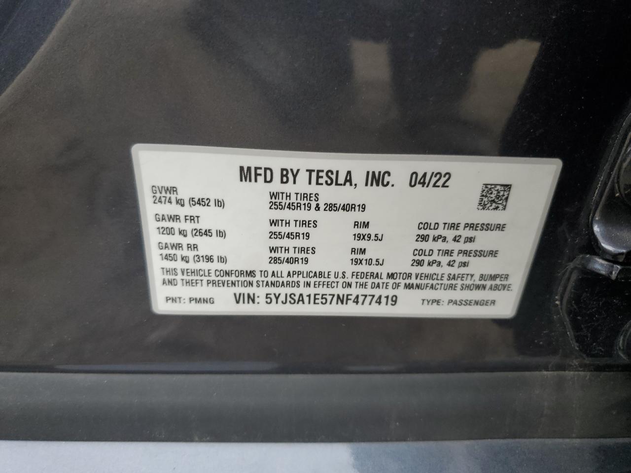 2022 TESLA MODEL S VIN:5YJSA1E57NF477419
