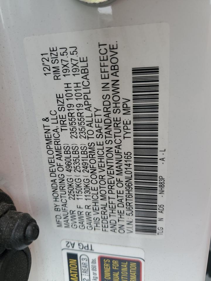 2022 HONDA CR-V TOURING VIN:5J6RT6H96NL014165