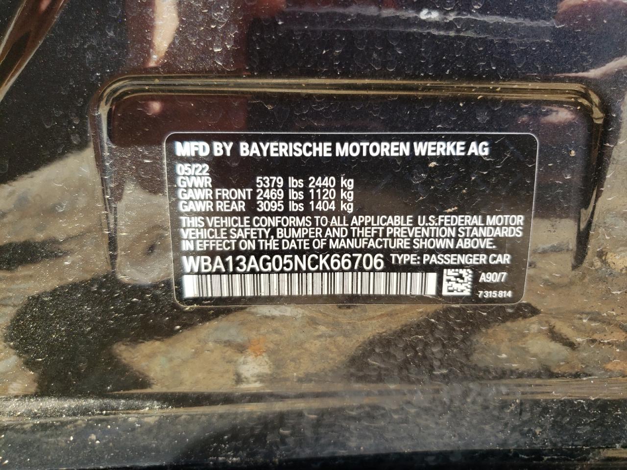 2022 BMW 530E VIN:WBA13AG05NCK66706