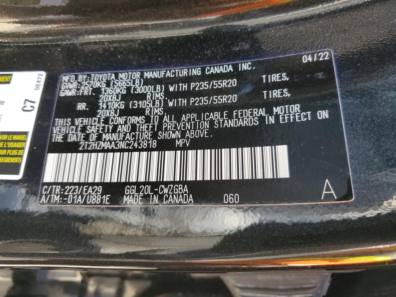 2022 LEXUS RX 350 VIN:2T2HZMAA3NC243818