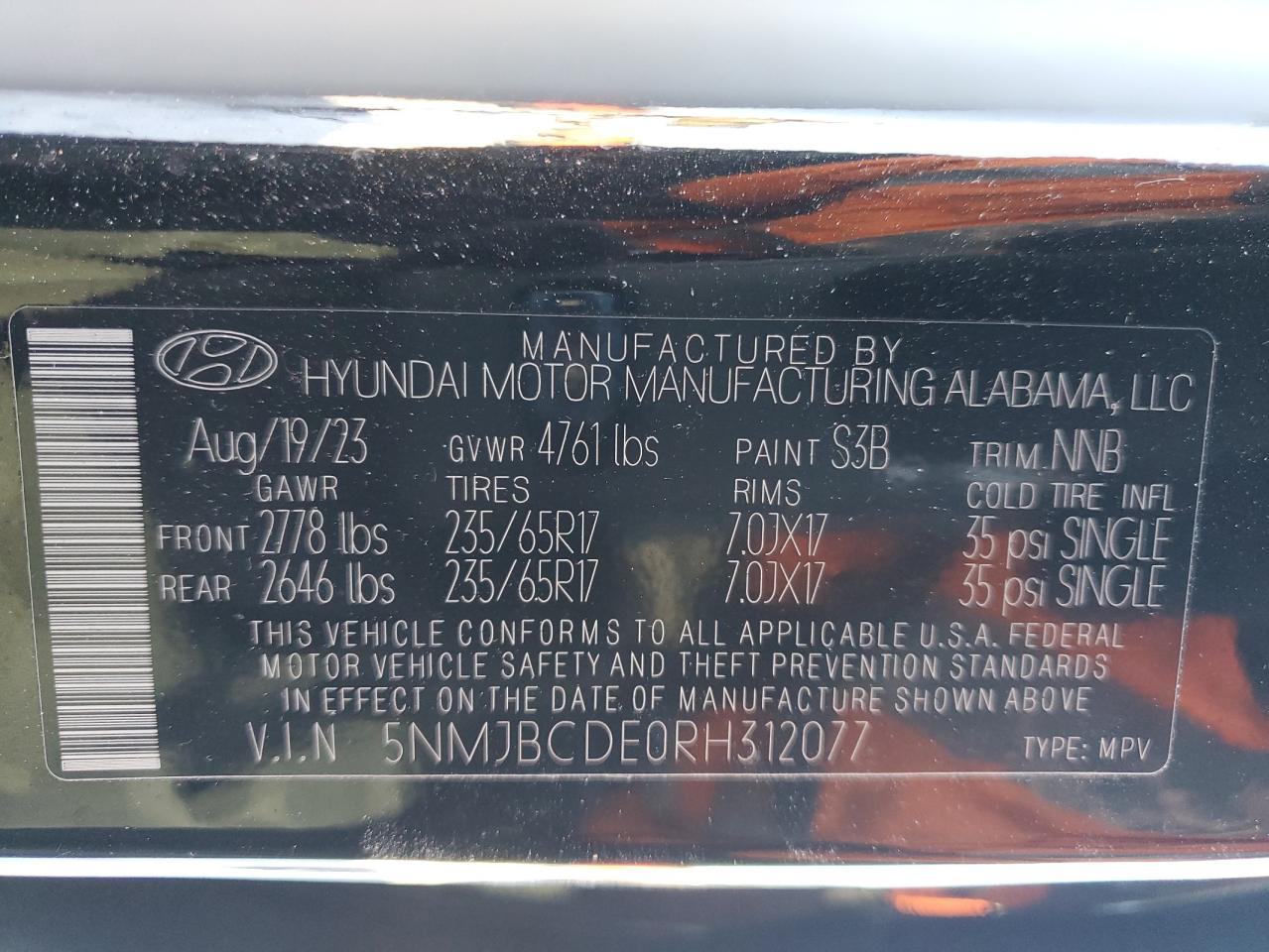 2024 HYUNDAI TUCSON SEL VIN:5NMJBCDE0RH312077