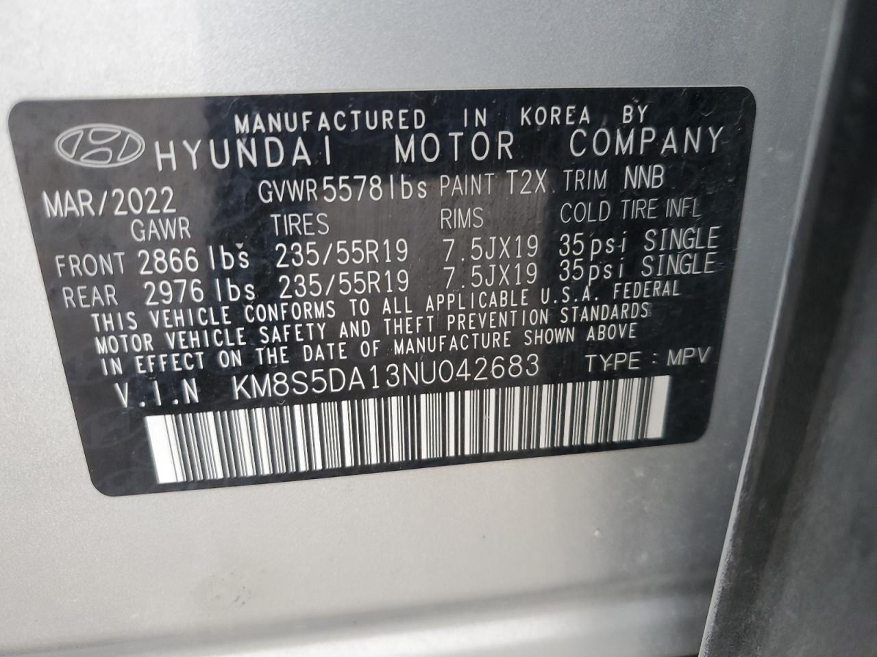 2022 HYUNDAI SANTA FE LIMITED VIN:KM8S5DA13NU042683