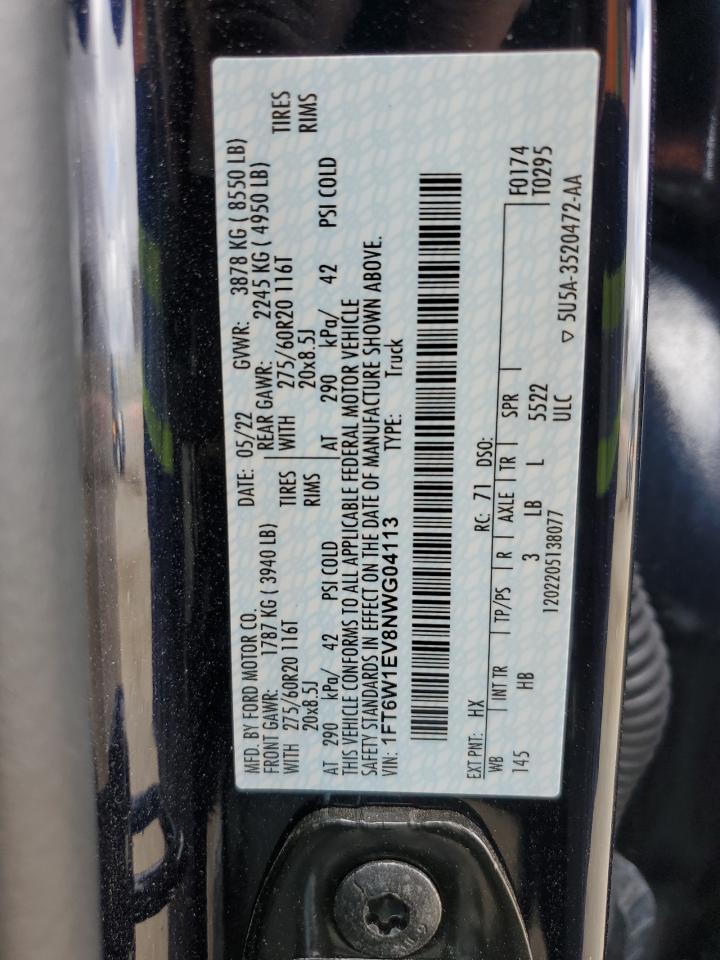 2022 FORD F150 LIGHTNING PRO VIN:1FT6W1EV8NWG04113