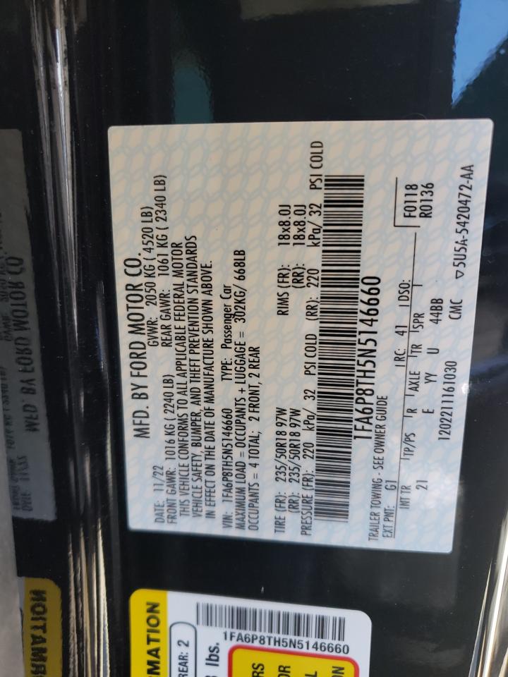 2022 FORD MUSTANG VIN:1FA6P8TH5N5146660