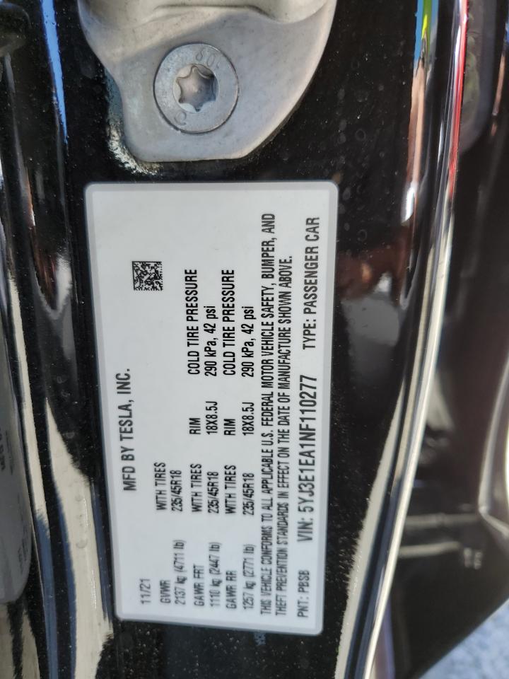 2022 TESLA MODEL 3 VIN:5YJ3E1EA1NF110277