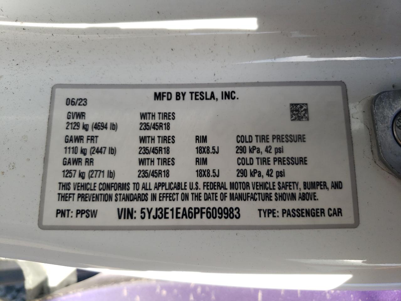 2023 TESLA MODEL 3 VIN:5YJ3E1EA6PF609983