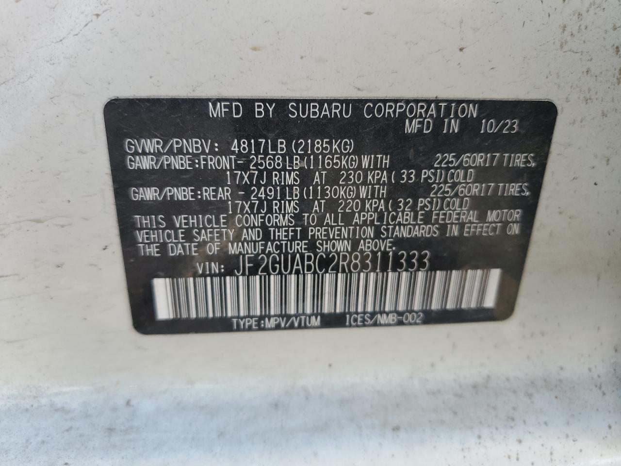 2024 SUBARU CROSSTREK VIN:JF2GUABC2R8311333